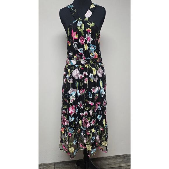 Cynthia Rowley Embroidered Halter Dress Floral Black Pink Romantic Beach Wedding - Picture 1 of 5